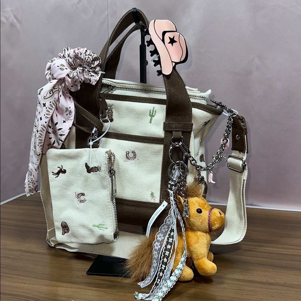 Madden Girl Cream Canvas mini Tote with Brown Trim and Pink Bandana Accent